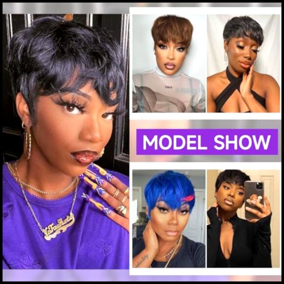 Pixie Cut Human Hair Wig Short Straight With Bangs Glueless Lace Front